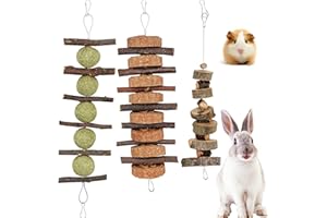 Hioph Guinea Pig Toys, 3Pcs Rabbit Chew Apple Sticks Strings, Wooden Pet Rabbit Treats, Hamster Boredom Breaker Chew Toys for Bunny, Chinchilla, Rat, Gerbil and Small Animal