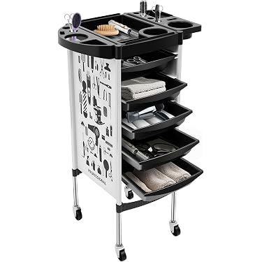 Friseursalon Wagen Mobil – Schwarz, Mit Ablageflächen, Höhenverstellbar (64–106 Cm), 10 Kg Tragkraft