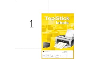 TopStick Etichette multiuso autoadesive, 1 etichetta per foglio A4, 25 fogli, 210 x 297 mm, 25 etichette, etichette universali vuote, per stampanti laser e inkjet, bianco