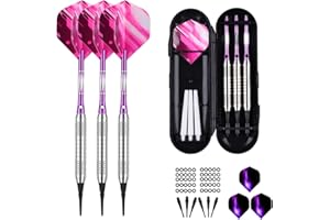 sanfeng Dardos con punta de plástico para diana electrónica, 18 g, 21 g, dardos blandos con mango de aluminio, 6 plumas, 50 puntas de dardo, 50 anillos de goma antisueltos, color lila, azul y negro