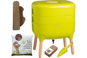 WORMBOX Moutta | Urbalive 2 Plateaux Vert Kit Complet I Lombricomposteur Design I 250gr de vers de Compost I Substrat de démarrage I Tapis de Chanvre + Pelle I Intérieur, Balcon et Jardin