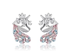 EVER FAITH Pendientes de unicornio para niñas, plata de ley 925, multicolor, circonia cúbica, felicidad, unicornio, regalo para hija, nieta, Plata de ley, Circonia cúbica