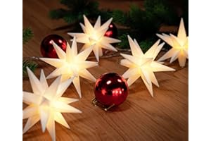 ‎BONETTI 3D Leuchtstern Lichterkette mit 10 LED-Sternen, ca. 6,75m + Zuleitung, für Innenbereich und Außenbereich, warm-weiß beleuchtet, Timerfunktion (weiß, 10er Stern-Lichterkette (Netzstecker))