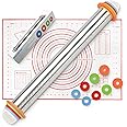 SHIKORI Rolling Pin and Silicone Baking Pastry Mat Set, Stainless Steel Dough Roller with Adjustable Thickness Rings, for Pizza, Pie, Pastries, Pasta, Cookies,etc.(Red Mat)