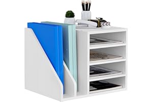 Senhoglb 4 Fächer Holz Büro Schreibtisch Ordner Organizer, A4 Dokumentenhalter Briefablage Aktenhalter Zeitschriftenhalter, Multifunktionaler Papier, Magazin, Bürobedarf Organisator, Weiß