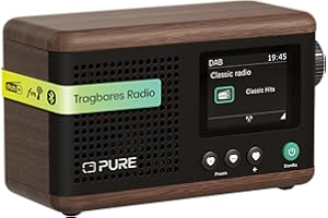 Pure Classic Mini Tragbares Digitalradio – DAB+ & UKW-Radio – Bluetooth 5.3 – 15 Stunden Akkulaufzeit – 2 Equalizer-Optionen – 2,4 Zoll Farbdisplay – Trageband – Braun/Walnuss – Kompakt & leicht