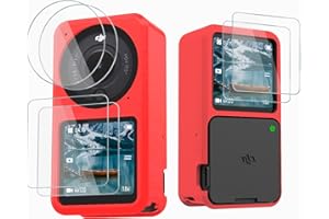 O'woda Action 2 Silikon Schutzhülle mit 2 Set HD Linsenschutz, Kamera Käfig Gehärtetem Glas Film Lens Schutzfolie für DJI Action 2 Dual-Screen Combo Zubehör, Rot
