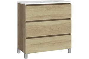 Baikal, Conjunto de baño Natura. Mueble de Baño de Fondo Reducido, con Lavabo cerámico. Distribución Tres Cajones. Mueble MONTADO. Tres Cajones sin Espejo. Fondo 39cm 80 cm Nature