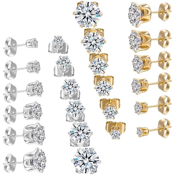 Lot De 12 Paires De Boucles D'oreilles En Acier Inoxydable Hypoallergénique - Zircon Cubique, Tailles 3 à 8 Mm, Unisexe