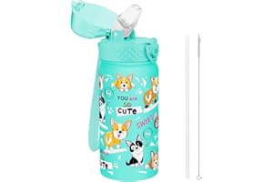 Goppus 420ml/14oz Gourde Isotherme pour Enfants avec Paille à Double Paroi en Acier Inoxydable Petit Flacon Isolé Sous Vide Métal Anti-fuite pour Boisson Flacon pour Tout-petits Thermos Sans BPA