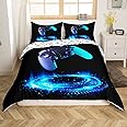 Loussiesd Boys Gamer Duvet Cover Video Game Gamepad Bedding Set for Kids Teens Adults Geometric Circle Comforter Cover Game Controller Bedspread Cover Bedroom Collection 3Pcs King,Black,Blue