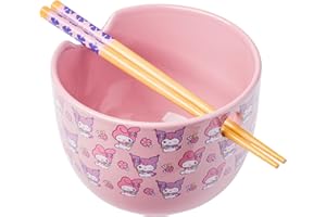 WIAONE Silver Buffalo Sanrio My Melody and Kuromi Pastel Floral Pattern Ceramic Ramen Bowl with Chopsticks, 20 Ounces, Purple/Multi