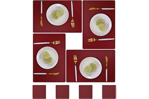 pigchcy Leather 45x30cm Placemats and Coasters Set of 4 PVC Heat-Resistant Waterproof Placemats Washable Wipeable Table Mats for Dining Room and Decor (Wine Red)