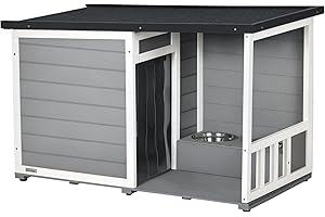 PawHut Hundehütte aus Holz, Hundehaus mit 2 Schüsseln, Terrasse, Outdoor Hundehaus Kleintierhaus für kleine Hunde mit Asphaltdach, für Draußen, Wetterbeständig, Grau, 103 x 62 x 60-66 cm