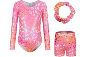 Sinoeem Trykot gimnastyczny dla dziewcząt, z długim rękawem/bez rękawów, strój do tańca, sportowe szorty i opaska na włosy, kolorowa, błyszcząca dla dziewcząt w wieku 5-12 lat