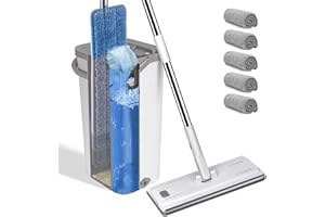 MASTERTOP Juego de fregona Plana y Cubo, fregona de Microfibra con 5 Almohadillas Reutilizables para fregona y Mango de Acero Inoxidable, Manos Libres, mármol, Madera Dura (Blanco)