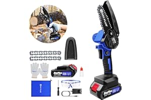 HUINI Mini Motosierra Bateria 4 Pulgadas,21V Motosierra Eléctrica，sierra podar electrica con1x1500mAh baterías y 2 cadenas, Con cerradura de Seguridad para cortar árboles de jardín y podar ramas