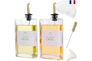 PASSION GATEAU 2 Bouteilles en Verre Rectangulaires de 350 ml , Bec Verseur doré et Entonnoir – Distributeur pour Huile, Vinaigre et Sirop, pour Organisation de la Cuisine, étiquettes français, Italien et espagnol