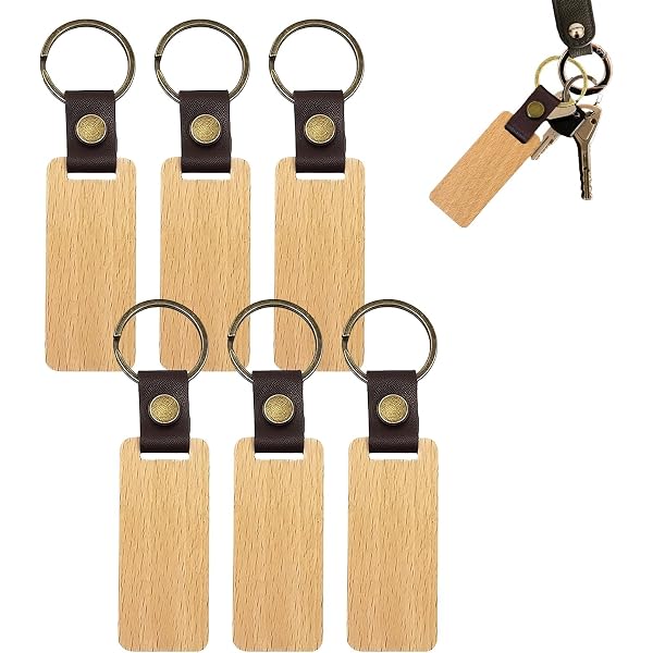 Portachiavi In Legno Faggio Naturale 4 Pezzi - Bianco Vuoti Fai Da Te Da Incidere, Dipingere, Personalizzare Con Cinturino In Pelle