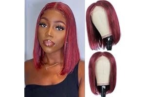 LYBYL Bob Wig Human Hair Red Wig Brazilian Human Hair Wig 4X4 Lace Closure Wig Straight Human Hair Wigs For Black Burgundy Glueless Wig 99J Color 14 Inch(35.5cm)