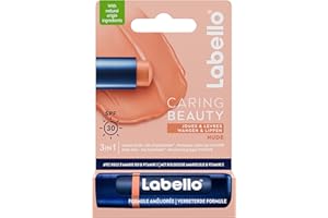 LABELLO Caring Beauty Nude FPS 30 (1 x 5,5 ml), Stick à lèvres au beurre de karité et huile d’amande, Baume à lèvres à la couleur neutre pour 24 H d’hydratation