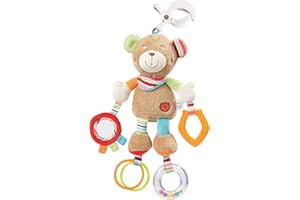 Fehn 091878 Orsetto giocattolo educativo con figure animali per l’attività motoria da appendere, con specchio e anelli da mordere, afferrare e far suonare, per neonati e bambini dalla nascita in poi