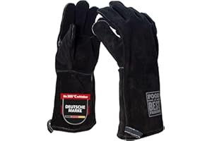FOOD & BEST FRIENDS EST 1919 Premium-Grillhandschuhe aus echtem Qualitätsleder | Schwarz | DIN EN 388 & DIN EN 407 Zertifiziert | sehr hitzebeständig | sehr hochwertig verarbeitet | BBQ Handschuhe für Grill, Backofen, Kamin