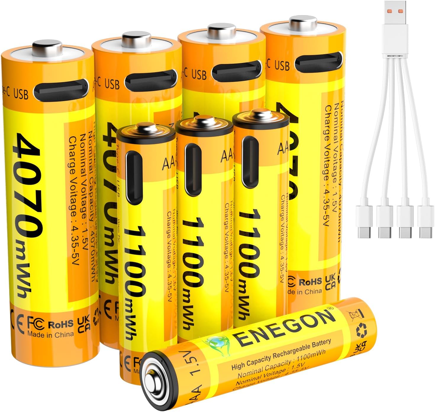 ENEGON Pack AAA+AA: 4 Pilas AAA + 4 Pilas AA de Litio Recargables USB-C, AAA 1100 mWh/AA 4070 mWh, 1,5 V Constante, Cable de Carga 1 a 4, para mandos, básculas, teclados y Ratones