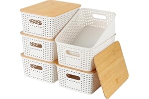 Esilihom 6Pcs Storage Boxes with Bamboo Lid, Plastic Lidded Storage Baskets, White Stackable Boxes, Small Box with Lid for Kitchen Bathroom Desktop Closet Office, 5L