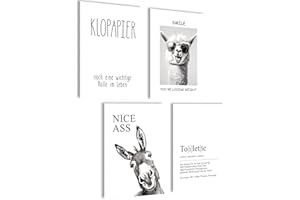 mojoliving Witzige Poster Set 4er Set Wandbilder WC Sprüche Lama Esel Toilette Humor A4 Kunstdrucke schwarz weiß Badezimmer Gäste WC Deko Geschenkidee