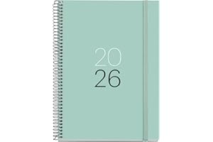 Miquelrius - Agenda 2026 día por página, Similar A5+ (155 x 213 mm), Tapa cartón plastificado, Espiral y cierre goma elástica, Planificación diaria, Papel 80 g/m², Español-EN-PT, Aqua