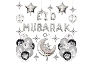 NEWUPZSI Décoration Eid Mubarak 2025 argent Deco Ramadan Ballons, Contient des Ballons Aid Moubarak en Film D'aluminium, des Star Moon, Ramadan pour Islam, Fête de l'Aïd