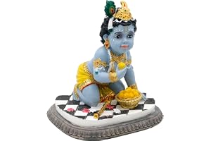 Alikiki Baby Krishna Idol Statue - 5.9”H Hindu God Laddu Gopal Kneeling Enjoy Laddus India Murti Item Home Temple Mandir Shrine Altar Pooja Decor Diwali Puja Gifts for Indian Friends