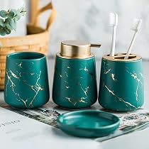 4-teiliges Badezimmer-Set Aus Keramik – Tropisches Blätter-Design Mit Seifenspender & Halter