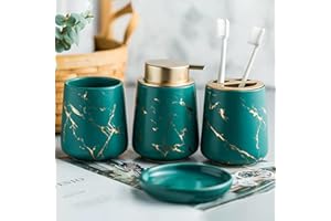 FORIDE Badezimmer-Zubehör-Set – 4-teiliges Keramik-Set mit dunkelgrünem Marmor-Effekt, Seifenspender, Zahnbürstenhalter, Becher, Seifenschale
