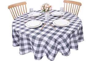 Kesfey Grey Gingham Round Tablecloths Polyester 177cm Diameter,Checkered Tablecloth Waterproof and Wrinkle Resistant for Outdoor and Indoor Use, Plaid Table Cloth Wipe Clean