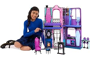 Monster High Hotel Buuuutique Casa de muñecas, conjunto de juego plegable con sorpresas espeluznantes en cada habitación y más de 13 piezas, incluidos muebles y accesorios, JBF16