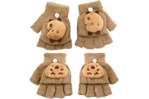 FOSDICK 2 par capybara plysch barnhandskar, fingerlösa handskar med vantar skydd, söta capybara flip-toppvantar, vintervarma vikhandskar, varma fleece fingerlösa vantar för pojkar flickor 7-14 år