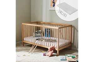 Kids Collective Lit bébé lit d'enfant lit à barreaux 60x120 réglable en Hauteur & barreaux Amovibles, avec Matelas | Bois de hêtre Naturel très Stable Made in Europe