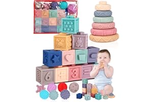 Montessori (25 pièces) pour Enfants 6 Mois et Plus, Cube Balle Sensoriels Souples a Empiler, Anneaux d'empilage, Jeux Eveil, Jouet de Bain et Dentition pour 6-12 Mois, Jouet Bebe 6 Mois