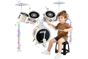 M ZIMOON Batería Infantil Musical Iluminada Kit de Tambores con Taburete, Bateria para Niños Juguete Instrumento Musical para Niños 3-8 Años, Regalos para Niño 3 4 5 6 Año de Navidad y Cumpleaños