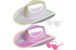 SILOM Cowboy Hat Light up Cowgirl Hat, 2pcs Women Sparkly Glitter Disco Cowgirl Hat Space Neon LED Light up Hats with Heart Glasses for Fancy Holographic Halloween Birthday Bachelorette Party