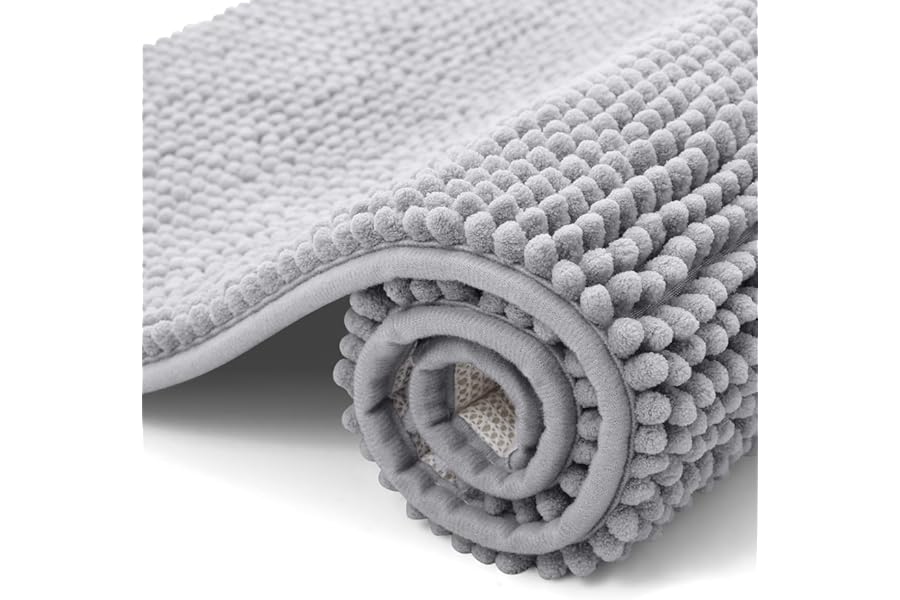 smiry Non Slip Chenille Bath Mat, Extra Soft Bathroom Mat, Super Absorbent Fluffy Bath Mats for Bathroom, Machine-Washable Quick Dry Bath Rug Foot Mat, 40 x 60 cm, Grey