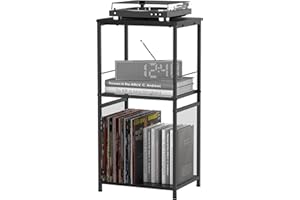 CADUKE Vinyl Record Stand 3 Tier Record Player Stand with Storage Turntable Stand with Shelf Black Record Player Table Industrial Vinyl Record Player Display Stand for Living Room Bedroom