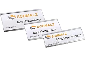 ‎SCHMALZ WERBESERVICE Namensschilder Komplettset, Silber Leichtemtall, mit extra starkem 3-fach Magnet, modisch gewölbt, Aluminium eloxiert, transparente Schutzabdeckung Name Badge für Kleidung (70 x 30 mm)