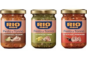 Rio Mare Pesto al Tonno Pesto de thon avec amandes et pecorino – avec pistaches et citron – avec olives noires et piment (3 x 130 g)
