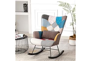 HOMEMIYN Mecedora de patchwork con estructura de metal y base de madera, silla de relajación, silla de relax, sillón retro, sillón tapizado, sillón escandinavo para dormitorio, habitación infantil, color
