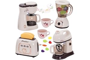 NUKDEY Accessori Cucina Bambini, Set di Elettrodomestici da Cucina Giocattolo per Bambini, Macchina da Caffè, Frullatore, Mixer, Tostapane con Luci e Suoni, Gioco di Ruolo Regalo per Ragazzi e Ragazze 3+Anni