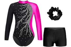 RUNQHUI Fille Justaucorps Gymnastique avec Short Gym Danse Bandeau de Cheveux Tenue Leotard Ballet Manches Longues 5-16 Ans