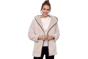 Les umes Womens Fuzzy Fleece Hooded Coat Outwear Long Sleeve Full Zipper Sherpa Cardigan Jackets with Pockets
